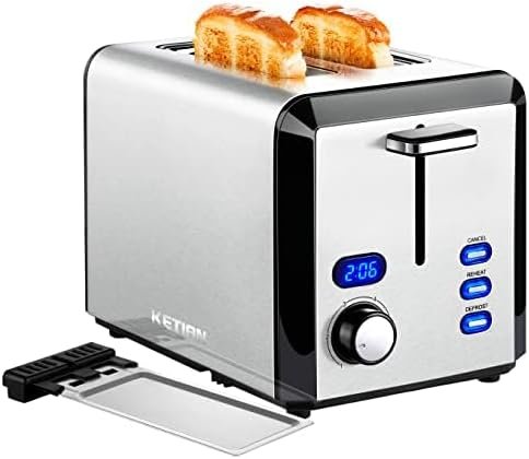 Toaster 2 Slice, KETIAN Wide Slot Toaster Stainless Steel, Countdown Timer, Cancel Reheat Defrost Function, 6 Browning Settings, Removable Crumb Tray,800W