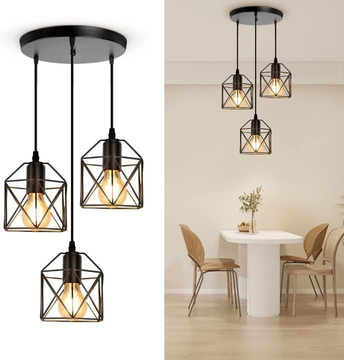 CANMEIJIA 3-Light Pendant Light Fixtures, Farmhouse Kitchen Island Light Fixture, Industrial Hanging Pendant Lighting for Dining Room Bedroom, Black Metal Cage Pendant, E26 Base, Bulbs Not Included