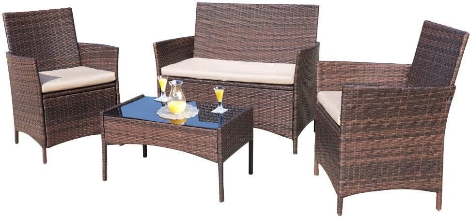 Homall Outdoor Indoor Use Backyard Porch Garden Poolside Balcony Sets Clearance Brown and Beige 4 Pieces Furniture