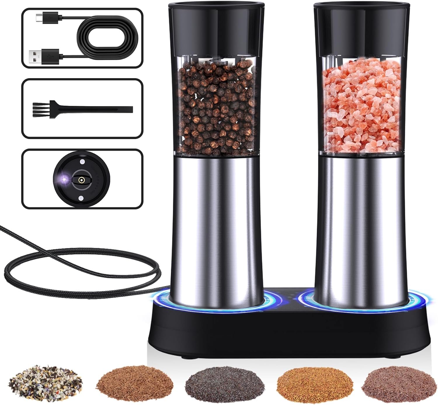 Sobtoe Newest Gravity Electric Salt and Pepper Grinder Set, Rechargeable Automatic Salt and Pepper Mill Grinder with Adjustable Coarseness, Electric Salt and pepper Shakers, LED Light, (2 Packs)