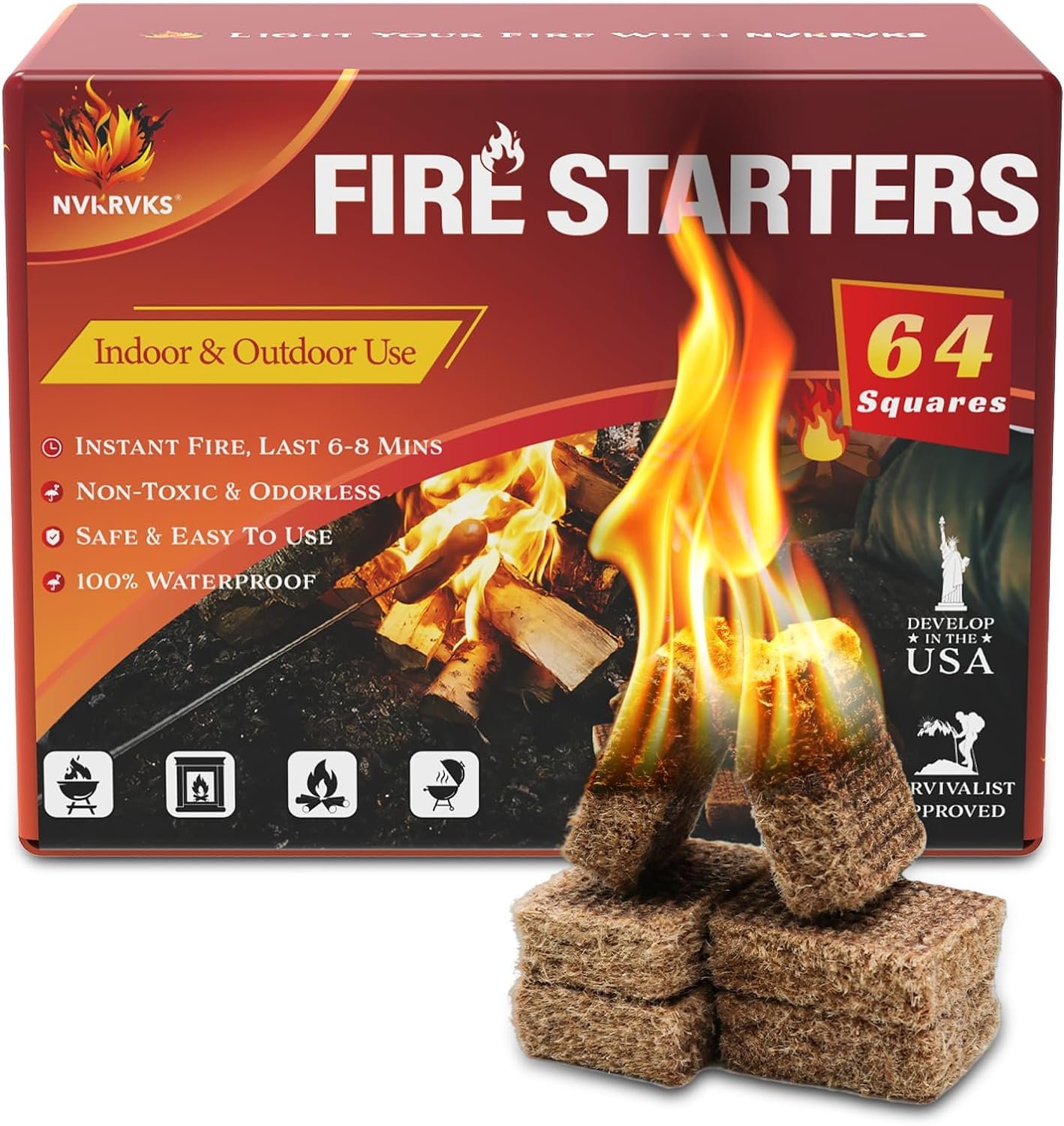 Fire Starter, Easy-Burning Fire Starter Squares for Wood Stoves, Campfires, Grill Pit and Fireplace, Natural & Waterproof BBQ Fire Starters, 64 Mini Square