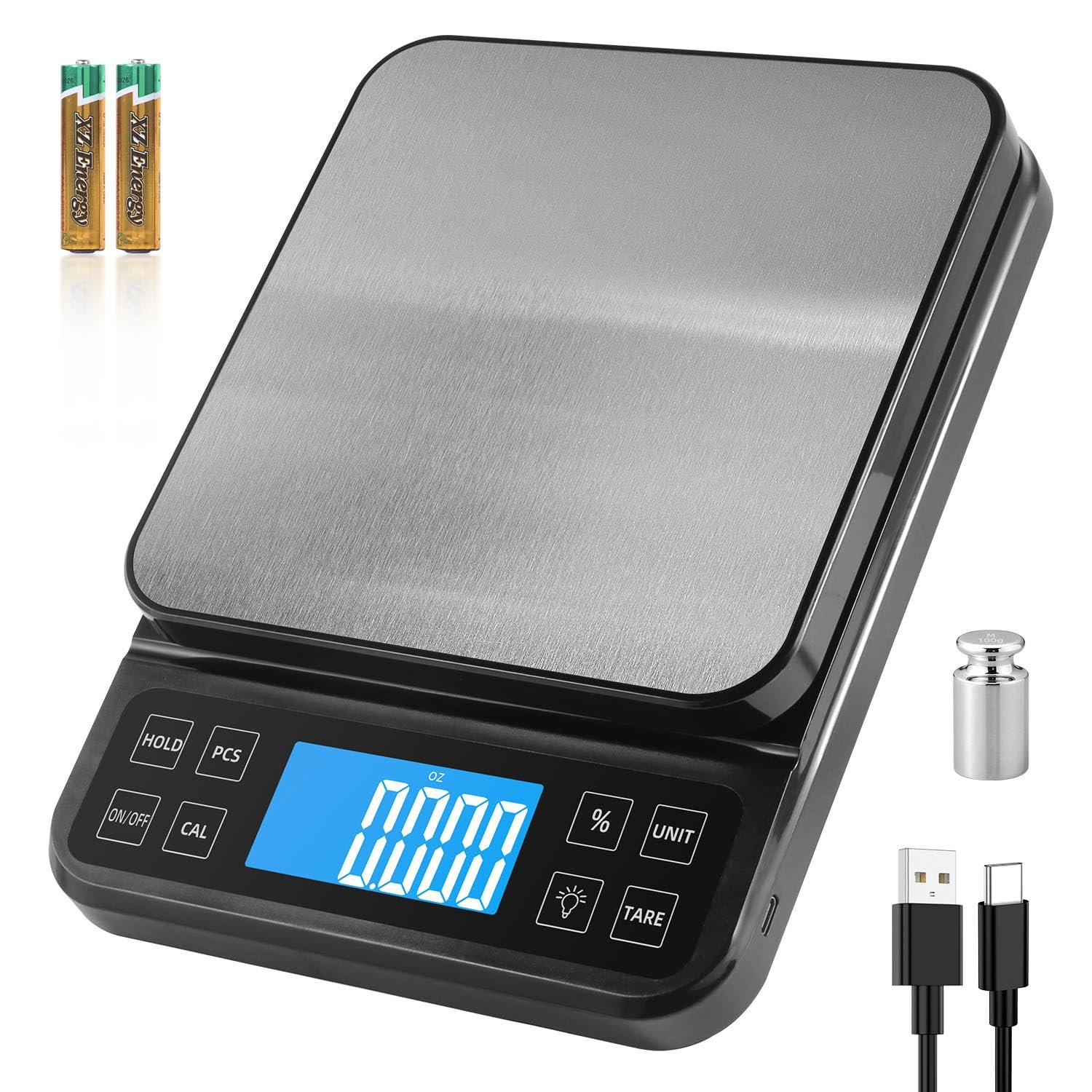 BOMATA Large Kitchen Scale with 0.1g/0.001oz High Precision, Bakery Scale with% Percentage Function, Capacity 5kg/11lbs, USB Rechargeable, Full-View Angle LCD with Backlight, Stainless Steel Pan…