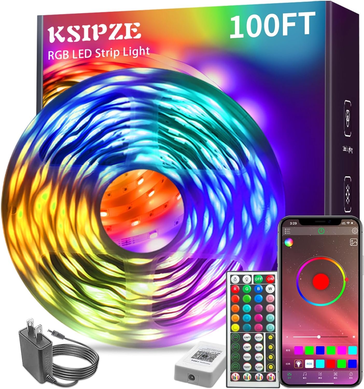 KSIPZE 100ft Led Strip Lights RGB Music Sync Color Changing,Bluetooth Led Lights with Smart App Control Remote,Led Lights for Bedroom Room Lighting Flexible Home Décor