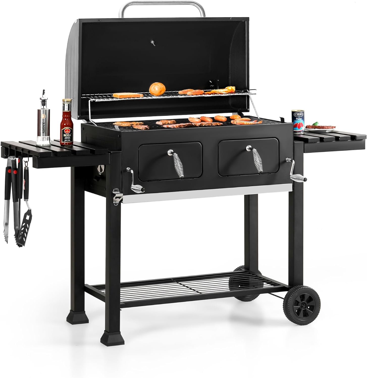 Sophia & William Extra Large Charcoal BBQ Grills with 794 SQ.IN. Cooking Area, Outdoor Barbecue Grill with Dual-Zone Individual & Adjustable Charcoal Tray and 2 Foldable Side Table, Black
