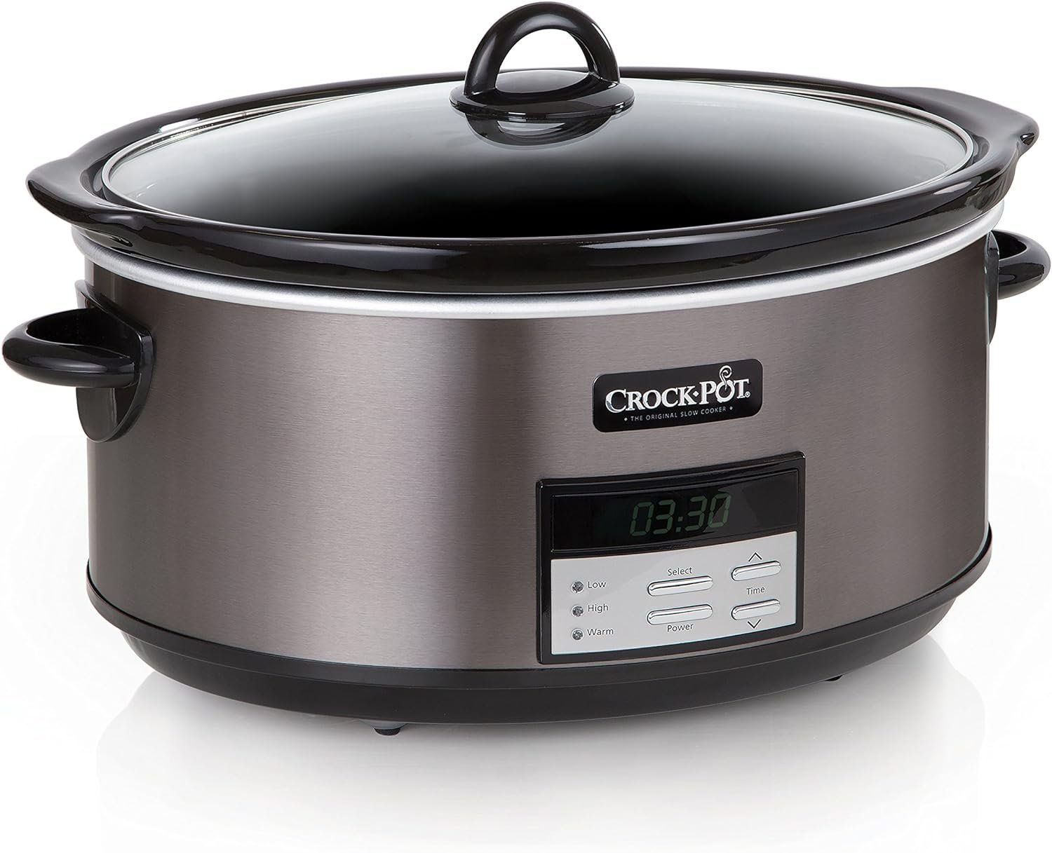Crock-Pot Large 8 Quart Programmable Slow Cooker with Auto Warm Setting and Cookbook, Black Stainless Steel (Pack of 1)