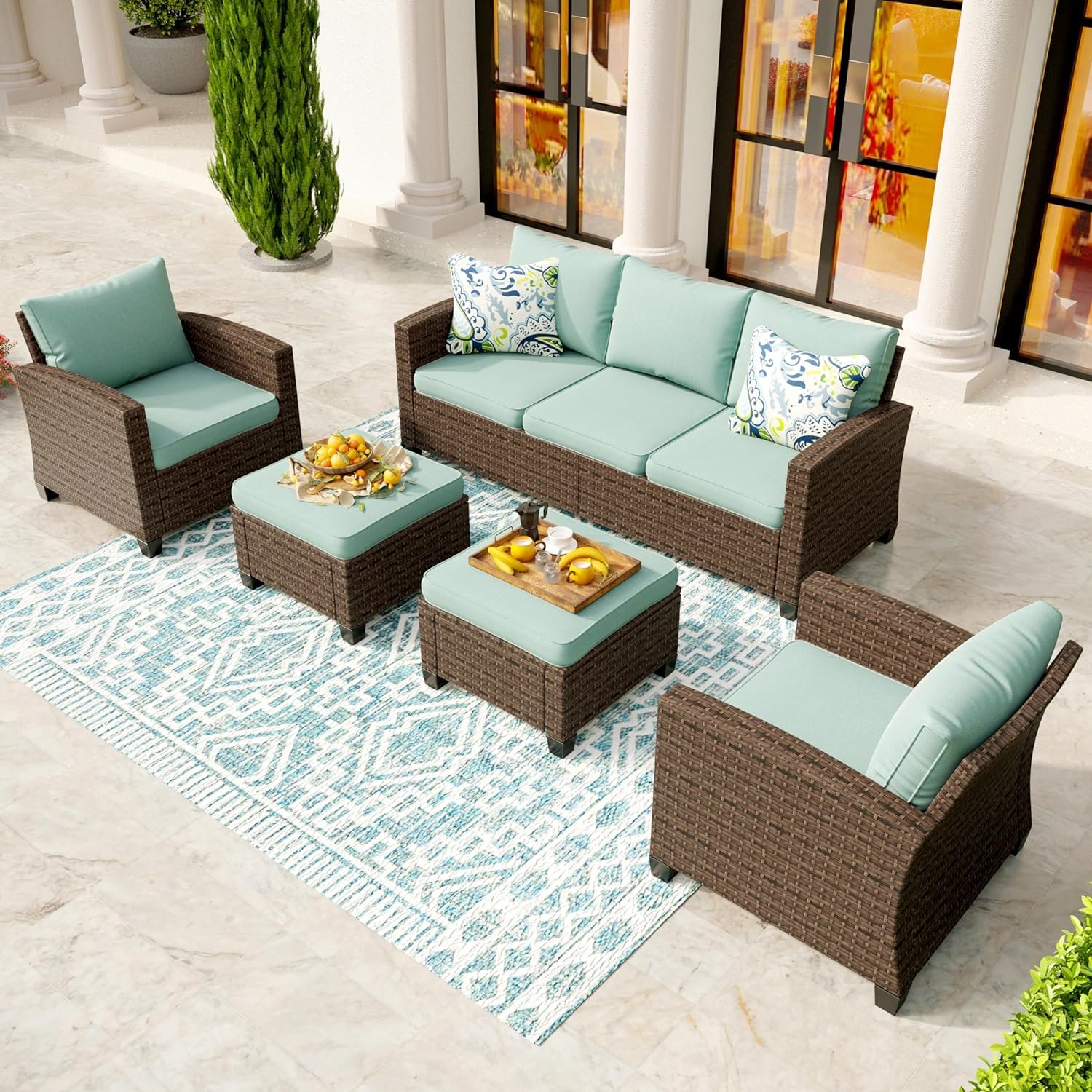SUNSHINE VALLEY Patio Conversation Set Outdoor Furniture Wicker Rattan Sets with Cushion Sectional Furniture,5-Pcs 7 Seats,Blue