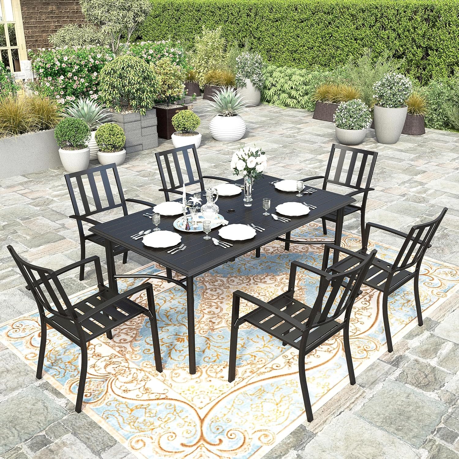 HERA'S HOUSE 7 Piece Patio Dining Set, 67" Rectangular Patio Table with 1.57" Umbrella Hole and 6 Metal Patio Chairs, Outdoor Table and Chairs for Lawn Garden Backyard Porch